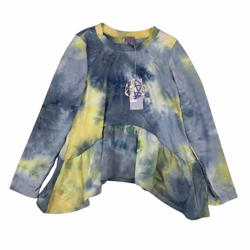 Good Luck Gem Peplum Top Blue Yellow Tie Dye Long Sleeve Waterfall Knit Girls M